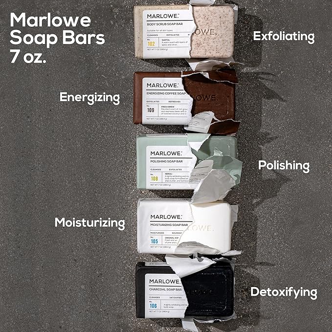 MARLOWE. No. 109 Coffee Bar Soap 7 oz, Body Scrub Soap for Men, Refreshing, Energizing & Exfoliating with Natural Extracts, Caffeine, Coffee Beans & Cocoa Butter, Fresh Brewed Scent