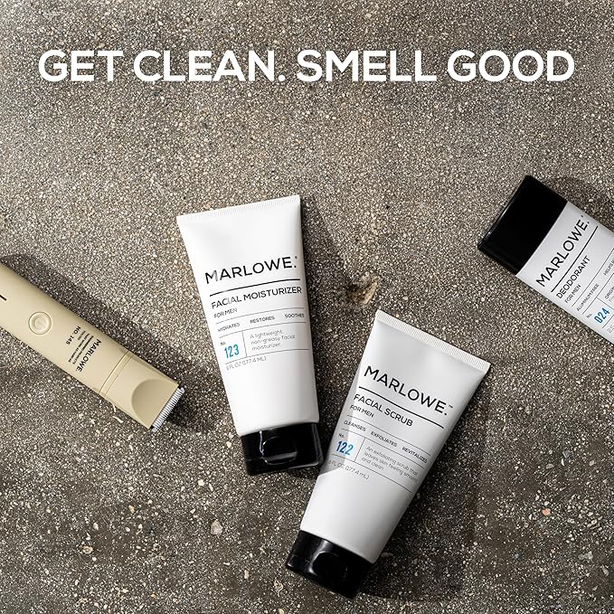 MARLOWE. No. 122 Facial Scrub 6 oz, Gentle Face Exfoliator with Apricot Seed Powder & Pumice, Cleanses & Smooths, Fresh Pine & Agarwood Scent