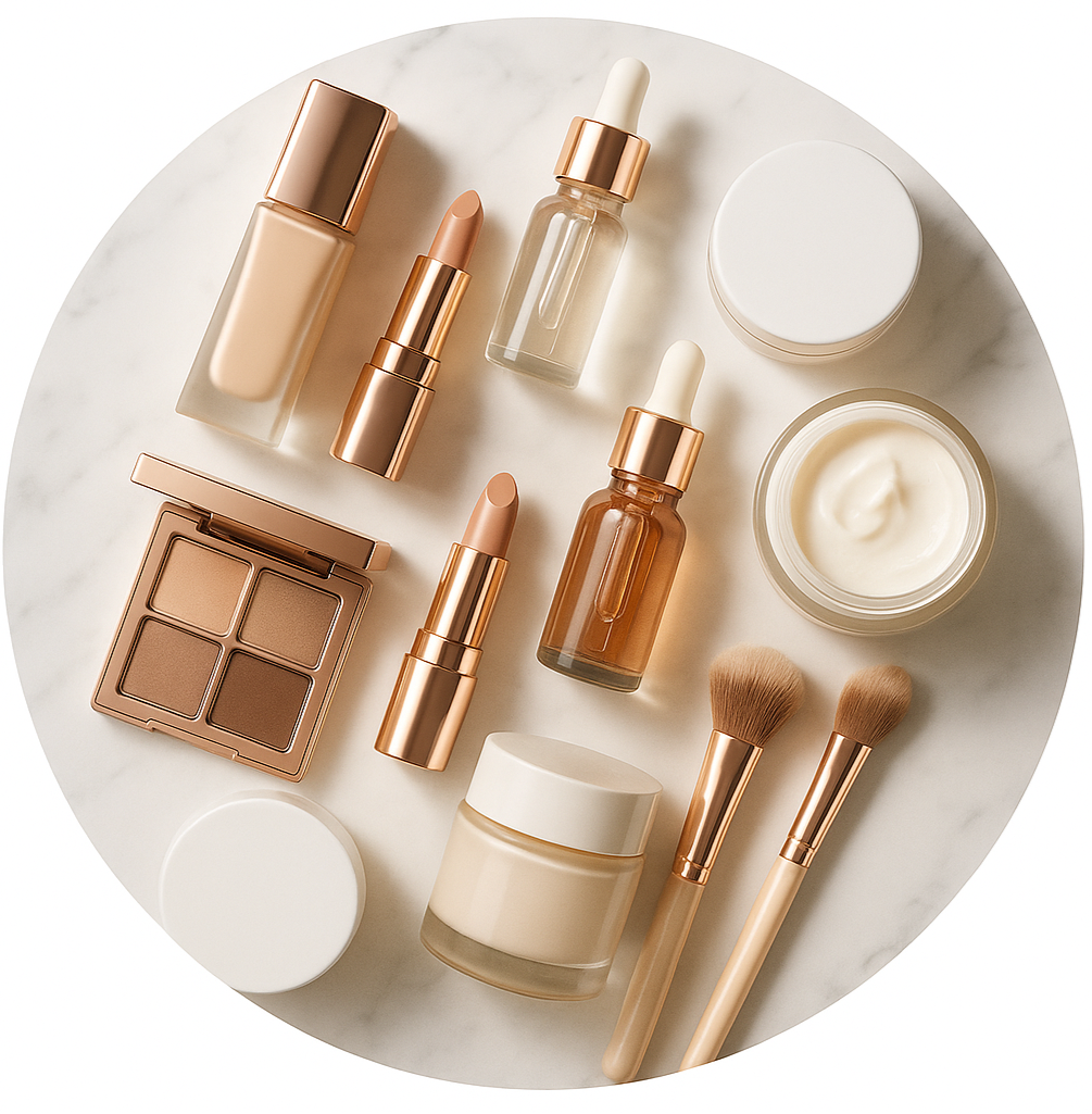 circle  photo of skincare and makeup, make it a real photo please